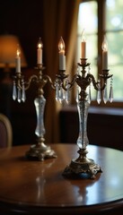 Antique crystal candelabras on ornate wooden table, crystal, wood