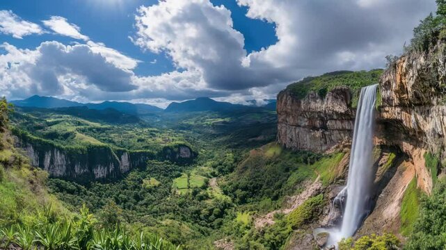 Expansive green valley landscape with waterfalls, mountains, and dramatic cloud formations under a vibrant blue sky.