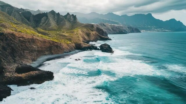 Coastal cliffs along a vivid blue ocean with waves crashing on the rocks, showcasing raw natural power and beauty.