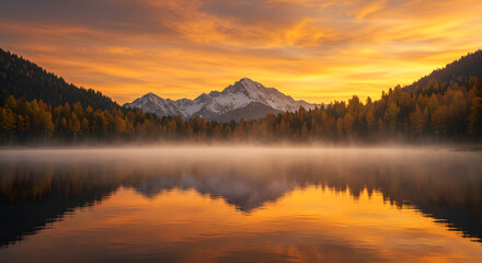 Fototapeta premium Hyperrealistic sunrise over a serene alpine lake with autumn trees, soft mist rising from the water. Snowy peaks in the background. Water reflection perfectly mirrored. Rich golden-orange tones.