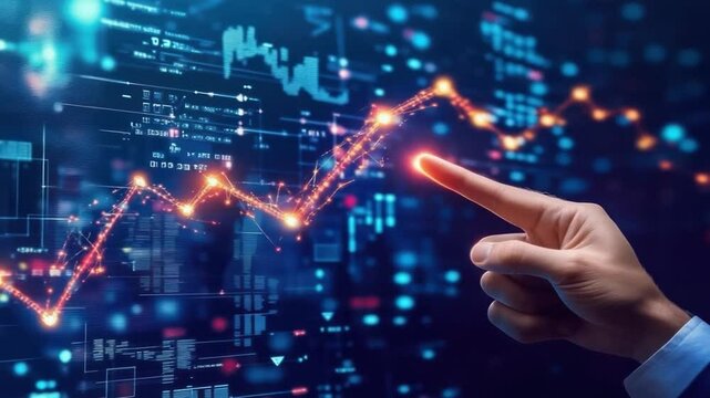 Futuristic financial graph rising with a hand pointing at digital data analysis chart