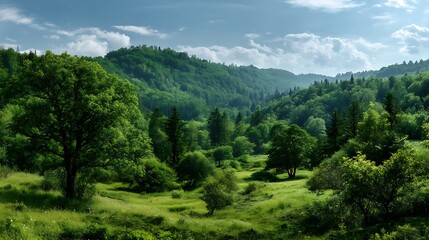 Fototapeta premium Lush valley, verdant hills, clear sky
