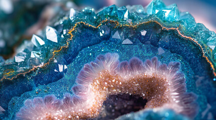 Close-up of an iridescent geode, showcasing blue and green hues with purple veins and intricate patterns in the resin material