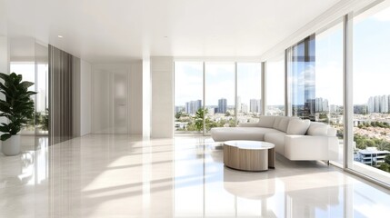 Naklejka premium Modern, spacious living area with city views. Sleek, minimalist design with large windows and a neutral color palette