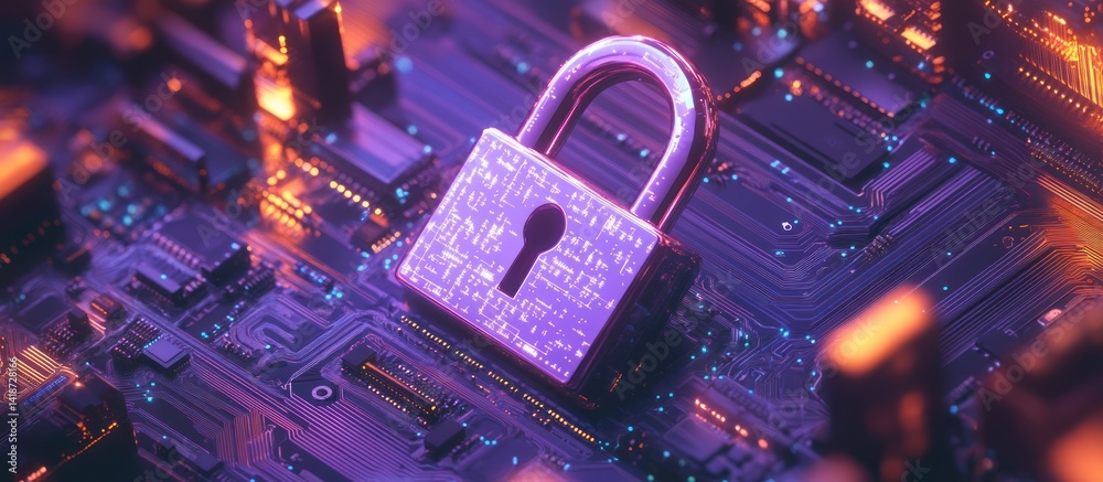 Poster digital safeguard: a luminous padlock resting on a complex computer circuit board