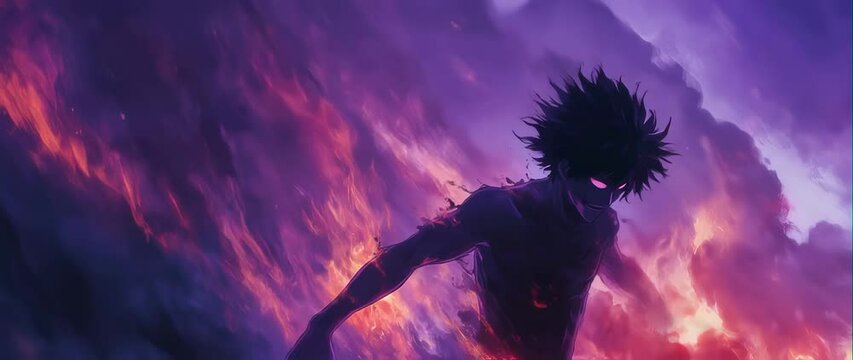 Anamorphic video of Mysterious Boy Purple Aura Animation, A sinister boy in the anime style 