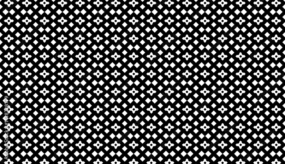 Poster seamless geometric pattern with small white squares and dots on a black background creating illusion