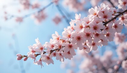 Close-Up of Delicate Pink Cherry Blossoms on a Branch Against a Soft Blue Sky