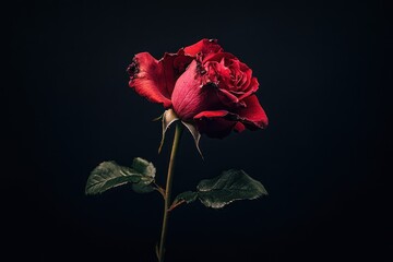 A vibrant red rose blooming against a dark black backdrop