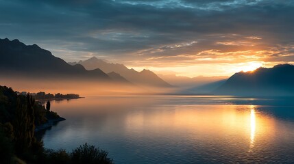 Fototapeta premium Majestic Sunrise Over Mountain Lake