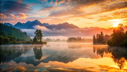 Fototapeta premium Misty Mountain Lake Sunrise Photography - Foggy Lake at Dawn, Scenic Morning Views