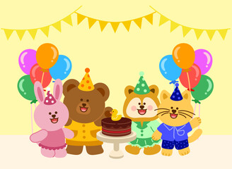 Animal friends have gathered to celebrate Children's Day and a birthday. A rabbit, bear, puppy, and cat, all wearing party hats.
