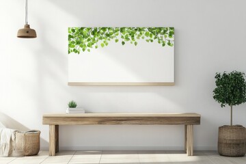 Interior design featuring a white wall with greenery and bench