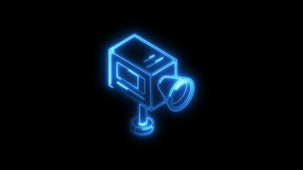 Glowing neon video camera icon 4k isolated on black background. HD Video motion graphic animation