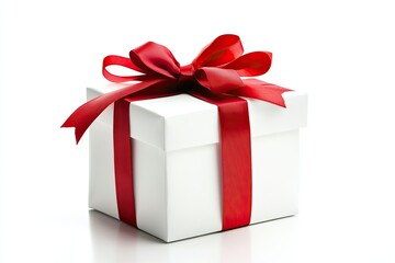Obraz premium A beautifully wrapped white gift box adorned with a vibrant red ribbon and bow, placed on a clean white surface, symbolizing celebration and giving during festive occasions