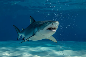 Naklejka premium Tiger shark with open jaws, underwater droplets splashing on white background, dramatic shadows, cinematic lighting