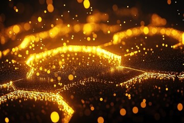 Golden hexagon structure with shining light dots on the dark background. Ideal for technology, luxury, or futuristic design projects, like data or network.