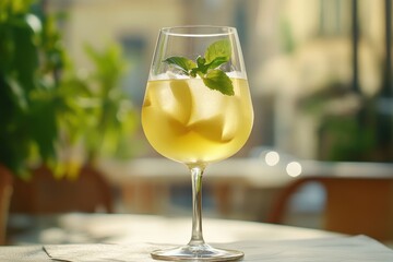 Refreshing cocktail in a wine glass with ice and mint garnish. Perfect for ads promoting summer drinks or vacation destinations.