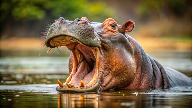 Minimalist Photography of a Hippopotamus with Mouth Open in Zoo Setting, Capturing Animal Behavior and Nature's Beauty