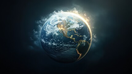 Fototapeta premium 3D Earth icon with realistic textures, clouds, and a soft glow around the planet.