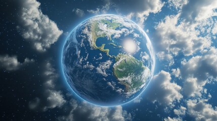 Fototapeta premium 3D Earth icon with realistic textures, clouds, and a soft glow around the planet.