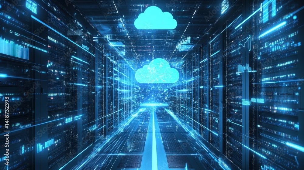 Poster 3d rendering of cloud computing, with data streams being uploaded and downloaded between virtual clo