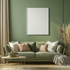 A modern living room displays an empty picture frame above a sofa
