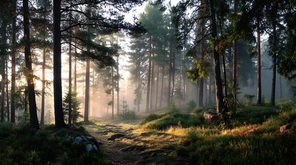 Obraz premium Misty forest path bathed in golden sunlight. Sunlight filters through the trees, illuminating a path through a misty forest. Tall pine trees create a dense canopy