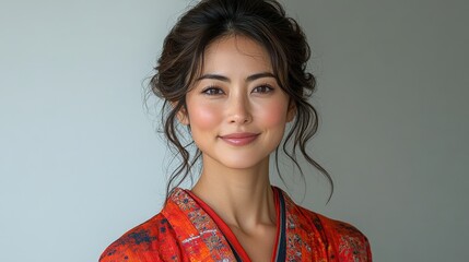 Portrait of a smiling woman with dark hair styled up, wearing a vibrant red patterned top