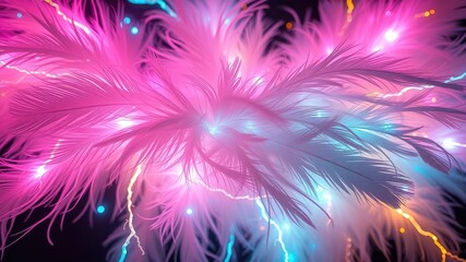 Obraz premium Feather on black background, neon light feather wallpaper, feather background