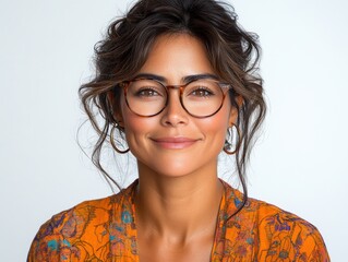 Obraz premium Portrait of a smiling woman with glasses and wavy hair