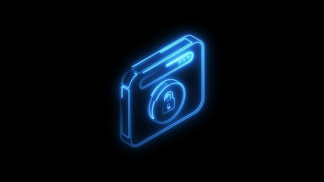 Glowing neon web lock icon 4k isolated on black background. HD Video motion graphic animation