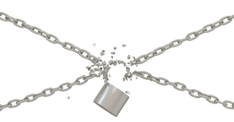 Liberation 3D Render: Broken chains and exploded padlock hook. Symbolizing release, independence. High-quality image.