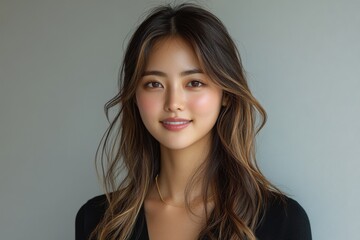 Naklejka premium Portrait of a smiling woman with long brown hair