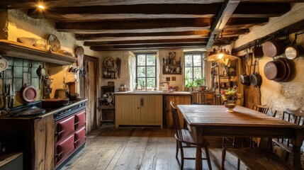 A 17th-century English cottage with exposed wooden beams, a rustic kitchen, and a warm, inviting glow.