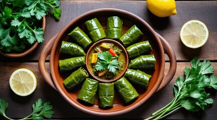 Stuffed grape leaves neatly arranged in a clay dish with a garnish of fresh parsley, complemented by lemon wedges in the background