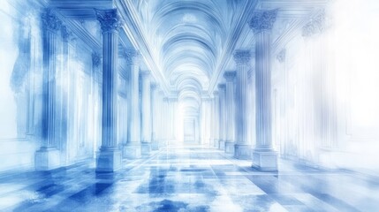 Dreamy blue architectural hallway adorned with many classical columns