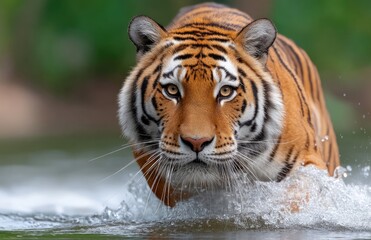 Fototapeta premium A tiger is running through the water, with superb motion capture photography