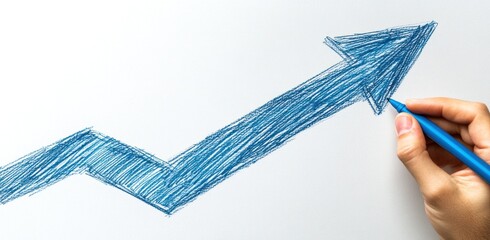 A hand drawing an upward arrow on plain white paper