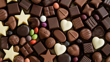 Fototapeta premium Delicious assortment of various chocolates arranged in a box formation, Assorted chocolate, nuts and dried fruit in old fashioned style, created with generative ai