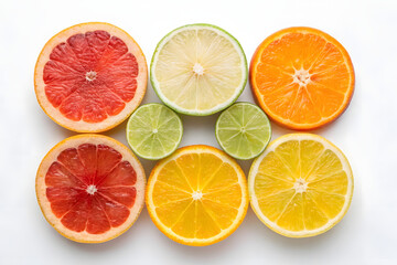 Vibrant Citrus Fruit Slices with Grapes – Colorful Cross-Sections and Juicy Textures in a Fresh, Photorealistic