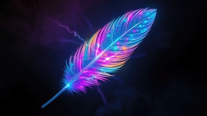 Feather on black background, neon light feather wallpaper, feather background