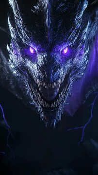 Vertical video of 3D animation dragon face with glowing electric blue