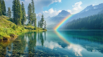 Naklejka premium Rainbow over Serene Mountain Lake