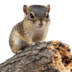 Fototapeta premium Focused portrait of a curious chipmunk perched on wood surface