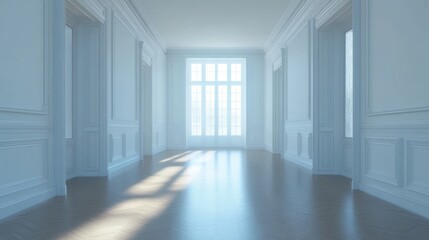 Fototapeta premium A bright and spacious white hallway with a large window