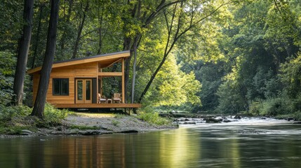 Obraz premium Tranquil wooden cabin retreat nestled within a serene forest landscape