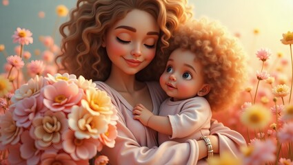 Mother and Child Smiling Together with Flowers for Mother's Day  