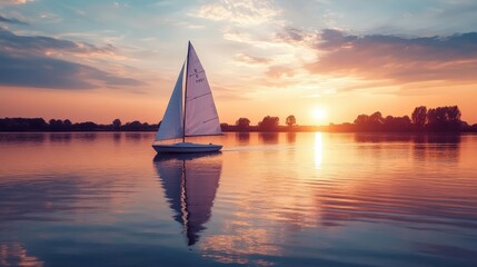 A beautiful sailboat gliding peacefully across a calm lake during sunset, surrounded by colorful clouds and reflections on the water.