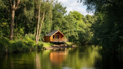 Obraz premium Idyllic riverside cabin retreat nestled among lush greenery and reflection